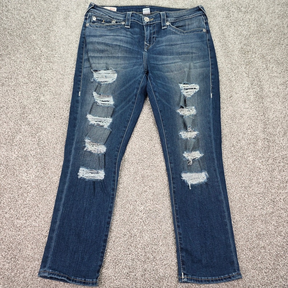 True Religion Halle Mid Rise Capri Distressed Jeans Blue W31 Slim Fit Denim